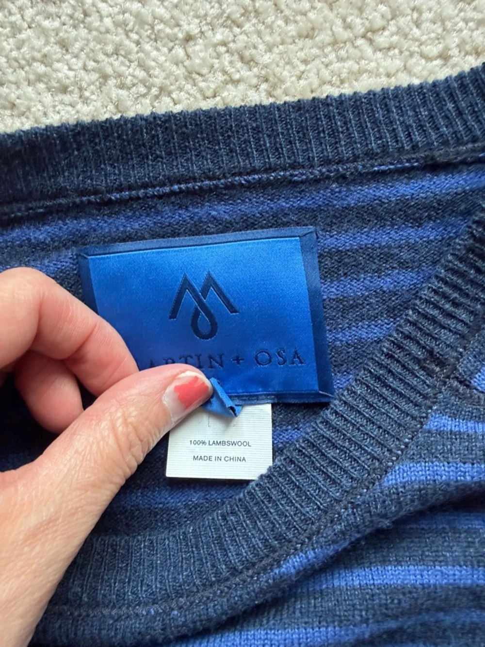 100% Lambswool Martin + Osa Navy and Blue Stripe Crewneck Sweater